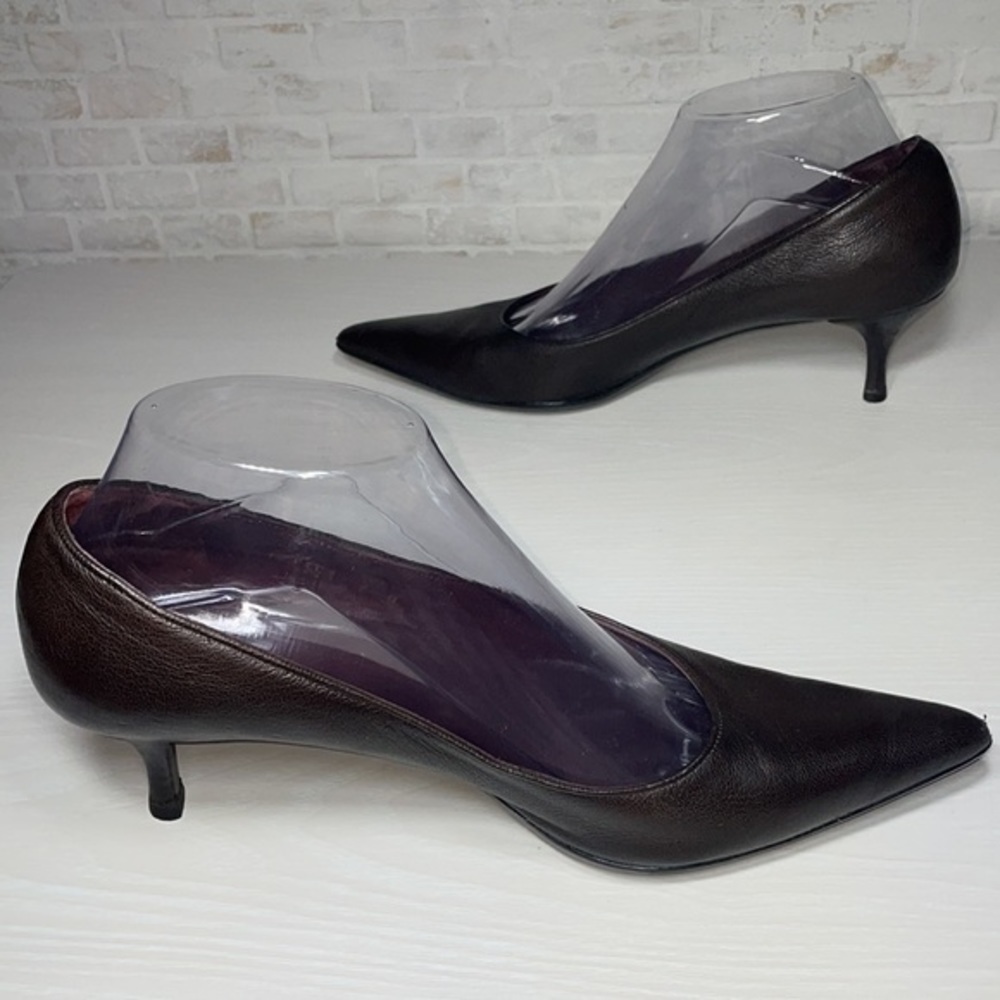 Authentic Gucci Chocolate Brown Classic Pointy Toe Casual Kitten Heel Pump Shoes - Picture 5 of 16